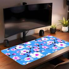 1pc Blue Background Pink & White Floral Pattern Large Extended Gaming Mouse Pad, Non-Slip Rubber Bottom, Stitched Edge Design, Keyboard & Mouse Pad, Suitable For Office, Home, Gaming, Study, Perfect Gift For Friends, Teenagers, Gamers - View 1