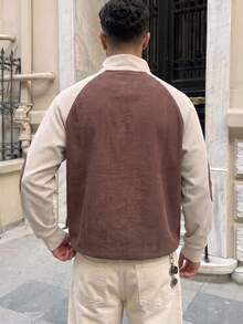 Men's Half-Button Stand Collar Long Sleeve Top, Colorblock Raglan Corduroy Texture Contrast Design, Casual Daily Pullover - Multicolor - View 2