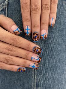 10pcs/Set Y2K Nails Handmade, Cute Nails, Pink Nails, Brown Nails, Leopard Nails & Blue Stripe Nails, Perfect For Parties & Daily Wear. Square Nails. Handmade Press On Nails Square, Fake Nails, Short Nails, Acrylic Nails, Handmade Nails, Fall Nails - Multicolor - View 4