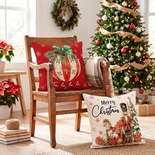 4pcs Vintage Christmas Nutcracker Carousel Christmas Ball Gift Letter Print Christmas Pillowcase, Home Sofa Holiday Decoration Cushion Cover, Single-Sided Printing, Pillow Insert Not Included - Red and Beige - View 6