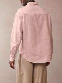 FEIAO Men's Vintage "Old Money" Aesthetic Classic Washed Cotton Linen Blend Long Sleeve Shirt Jacket, Loose Fit, Suitable For All Seasons - Pink - View 2