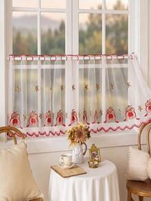 Christmas Decorative Sheer Curtains, Semi-Transparent Window Curtains With Red Christmas Pattern, Rod Pocket Light-Filtering Kitchen Window Sill Decor Half-Length Curtains, Christmas Kitchen Cafe Curtains, Suitable For Christmas Holiday Farmhouse Decor Short Curtains - White/Bell - View 6