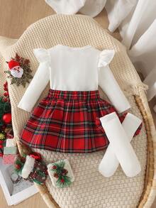 2pcs Baby Girl Cute Santa Claus Pattern Round Neck Pullover Long Sleeve Ribbed Top Plaid Skirt Leg Warmers Set, Autumn/Winter - Red and White - View 2