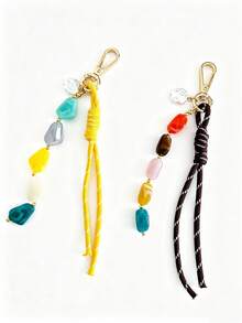 1pc Colorful Irregular Stone Beaded Bag Charm, Braided Rope Keychain With Lobster Clasp, Boho Style Backpack Pendant Accessory For Women - Multicolor - View 1