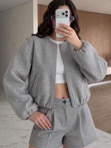 GMFP 女款秋冬休閒優雅寬鬆中灰色圓領拉鍊羊毛飛行員夾克 - 灰色 - 查看 7
