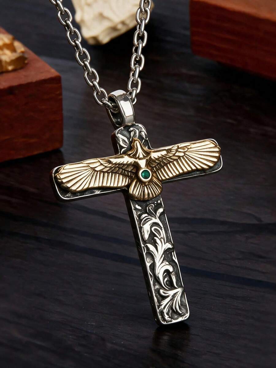 1pc Men's Necklace, Distressed Silver Metal, Eagle Cross Green Stone Pendant, Vintage Personalized Versatile Necklace, Daily Streetwear - Multicolor - View 1