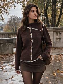 DONICY Fall Clothes For Women Asymmetric Collar Knit Cardigan Contrast White Trim Button Sweater - Coffee Brown - View 10
