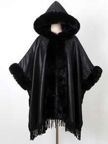 1pc Solid Color Winter Hooded Cape With Large Fur Collar And Tassel Trim, Mid-Length Outerwear Shawl - Multicolor - View 13