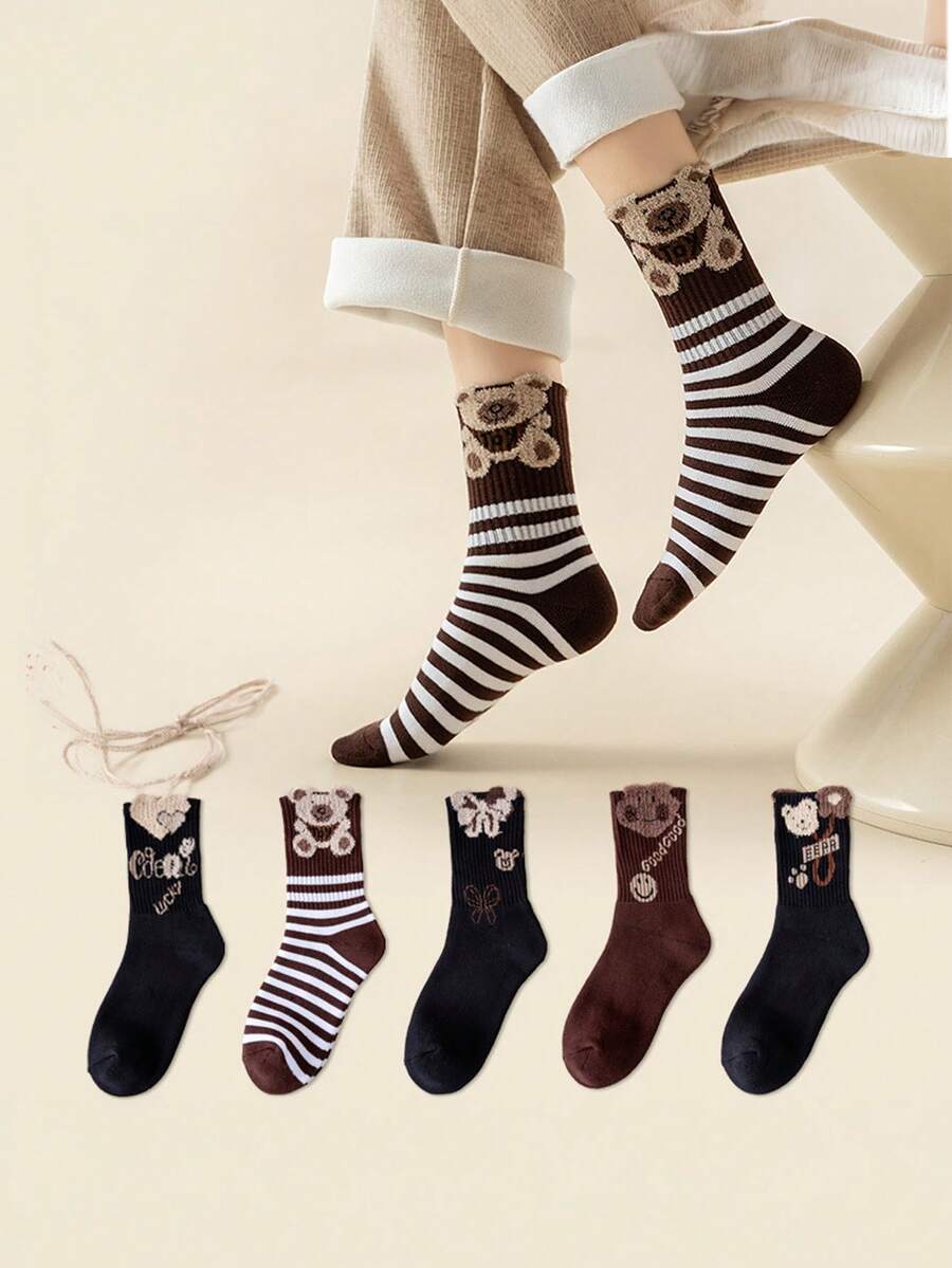 5 Pairs Women's Socks, Maillard Cartoon Bear Chenille Mid-Calf Socks, Autumn/Winter - Multicolor - View 1