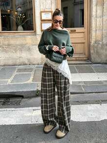 Women's New Autumn Plaid Elastic Waist Straight Leg Pants - Multicolor - View 1