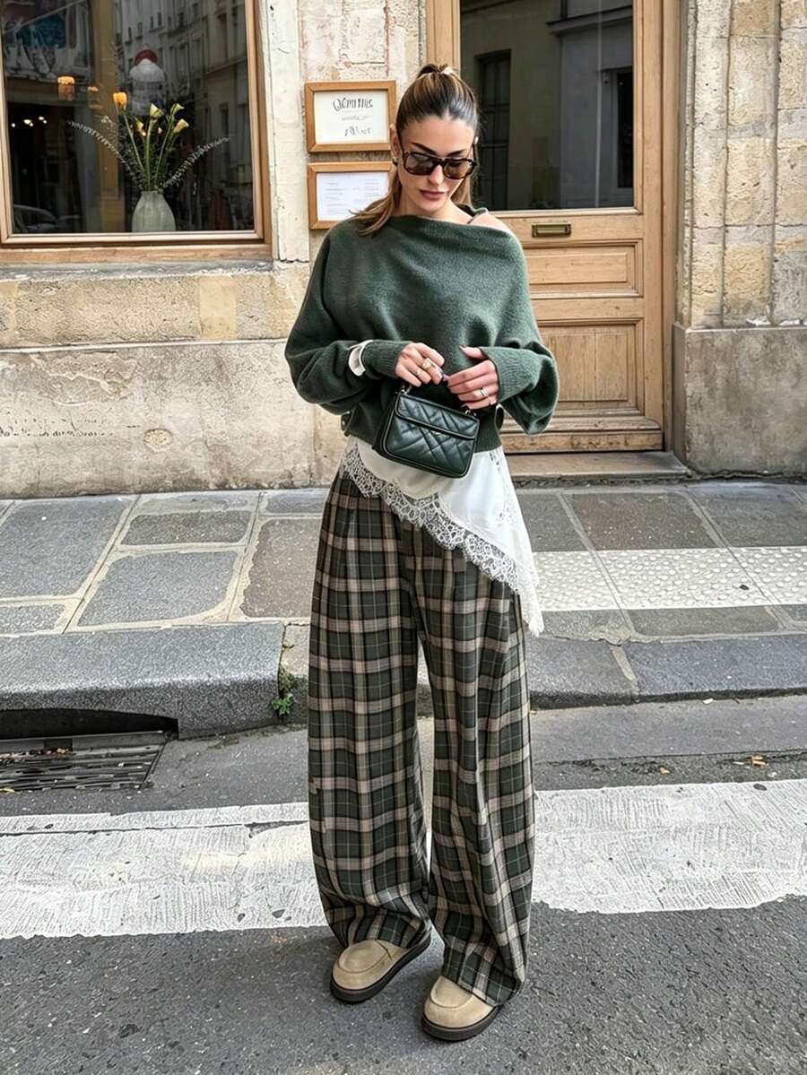 Women's New Autumn Plaid Elastic Waist Straight Leg Pants - Multicolor - View 1