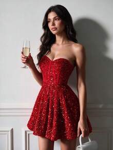 Women Red Sequin Dress Strapless Sweetheart Neck Mini Cocktail Dress Elegant Ruched Waist Party Outfit Wedding Guest Evening Formal Dress - Red - View 1