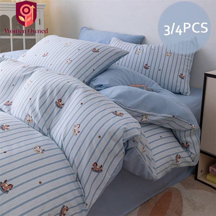 3/4pcs Fresh Blue & White Vertical Stripe Cartoon Wooden Horse Print ...