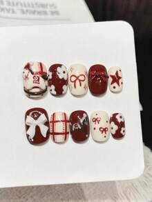 10pcs Square/Round Handmade Press-On Nails, Y2K Style, Suitable For Girls And Women, Holiday, Music Festival, Daily Wear, Valentine's Day Gift - Burgundy - View 2