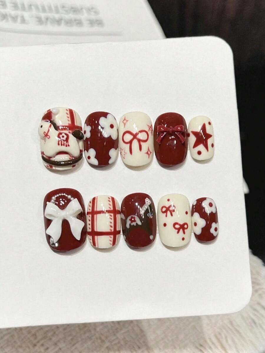 10pcs Square/Round Handmade Press-On Nails, Y2K Style, Suitable For Girls And Women, Holiday, Music Festival, Daily Wear, Valentine's Day Gift