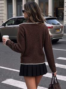 DONICY Fall Clothes For Women Asymmetric Collar Knit Cardigan Contrast White Trim Button Sweater - Coffee Brown - View 2