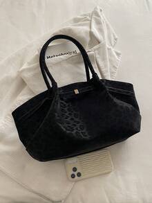 1件黑色豹紋PU托特包，附飾帶裝飾，女款單肩包 - 黑色 - 查看 4