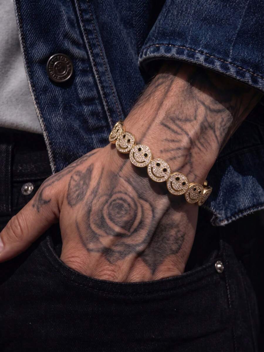 1pc Men's Full Zirconia Smiling Face Open Cuff Bracelet, Gold Bracelet, Wristband, Fashionable Layered Wrist Accessory, Suitable For Men's Autumn Daily Street Party Birthday Holiday Gift Accessory - Bracelet - View 1