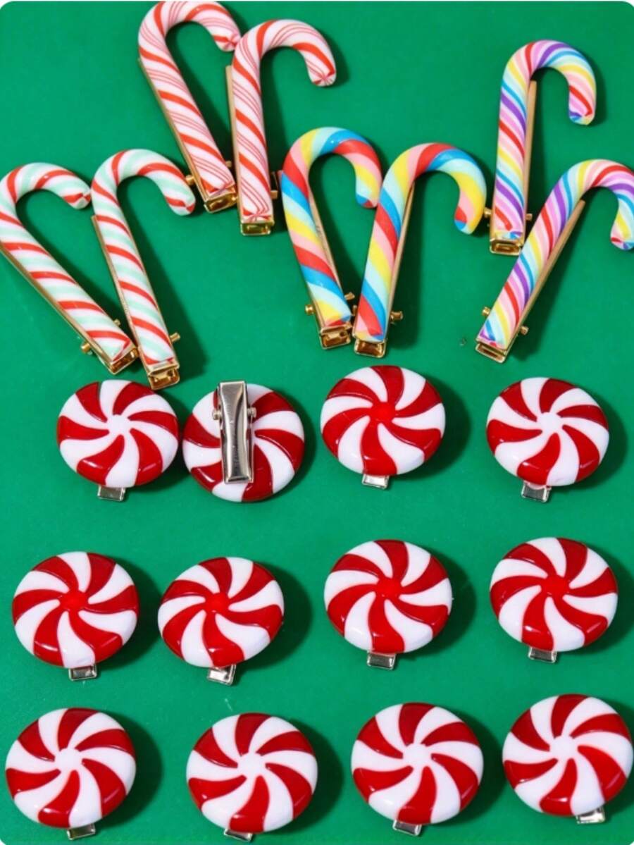 4pcs/Set Colorful Candy Cane Christmas Hair Clips, Sweet Cartoon Style Hair Clips, Colorful Striped And Polka Dot Hair Accessories For Holiday [Random Color] - Multicolor - View 1