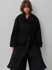 Áo khoác dáng dài cổ cao tay dài thắt nơ phong cách vintage cho nữ - màu đen - Xem 5