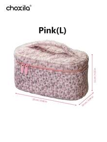 choxila Travel Makeup Bag, Soft Plush Pink Leopard Print, Large Capacity Zipper Storage Bag With Top Handle, Durable Cosmetic And Skincare Organizer, Suitable For Vacation Travel And Home Storage - Makeup Bag - View 8