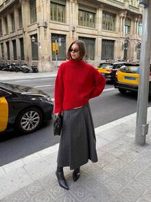Dirp Noir Women's Autumn French Style Red Loose High Neck Chunky Knit Sweater, Suitable For Commuting, Christmas, Back To School, Halloween - Red - View 8