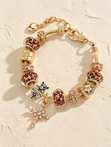 Y2K Leopard Print DIY Charm BraceletSnake Chain Bracelet With Leopard Cat, Cross, Key & Gift Box Pendant Stackable Large Hole Bead Bracelet For Women - Multicolor - View 6