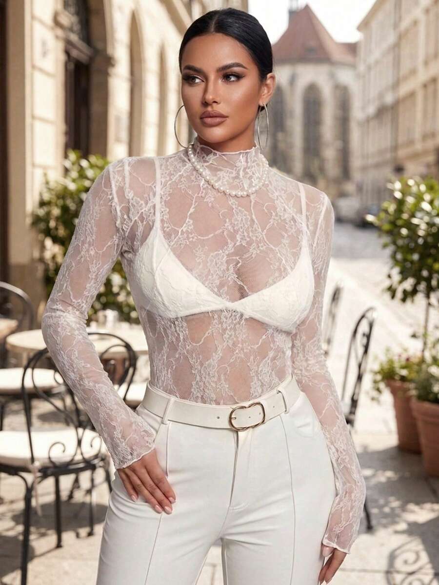 Spring/Summer Y2K Lace Sheer Top, Waist-Flattering Slimming Design, Sexy Hot Girl Style, Suitable For Daily Commute, Party And Holiday Outfits - White - View 1