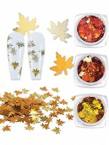 3-Color Round Box Of Maple Leaf Nail Glitter, Three Boxes Of Autumn Holographic Gold Leaf Embellishments, DIY Autumn Nail Art Decoration Accessories - Multicolor - View 3
