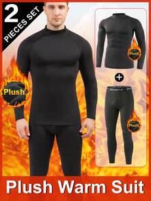 Men's Thermal Underwear Set, Thermal Lined, Thick Warm Base Layer Top And Bottom, Solid Color Long Sleeve Crew Neck Shirt And Pants, Suitable For Cold Weather, Outdoor, Skiing, Warming - Black - View 1