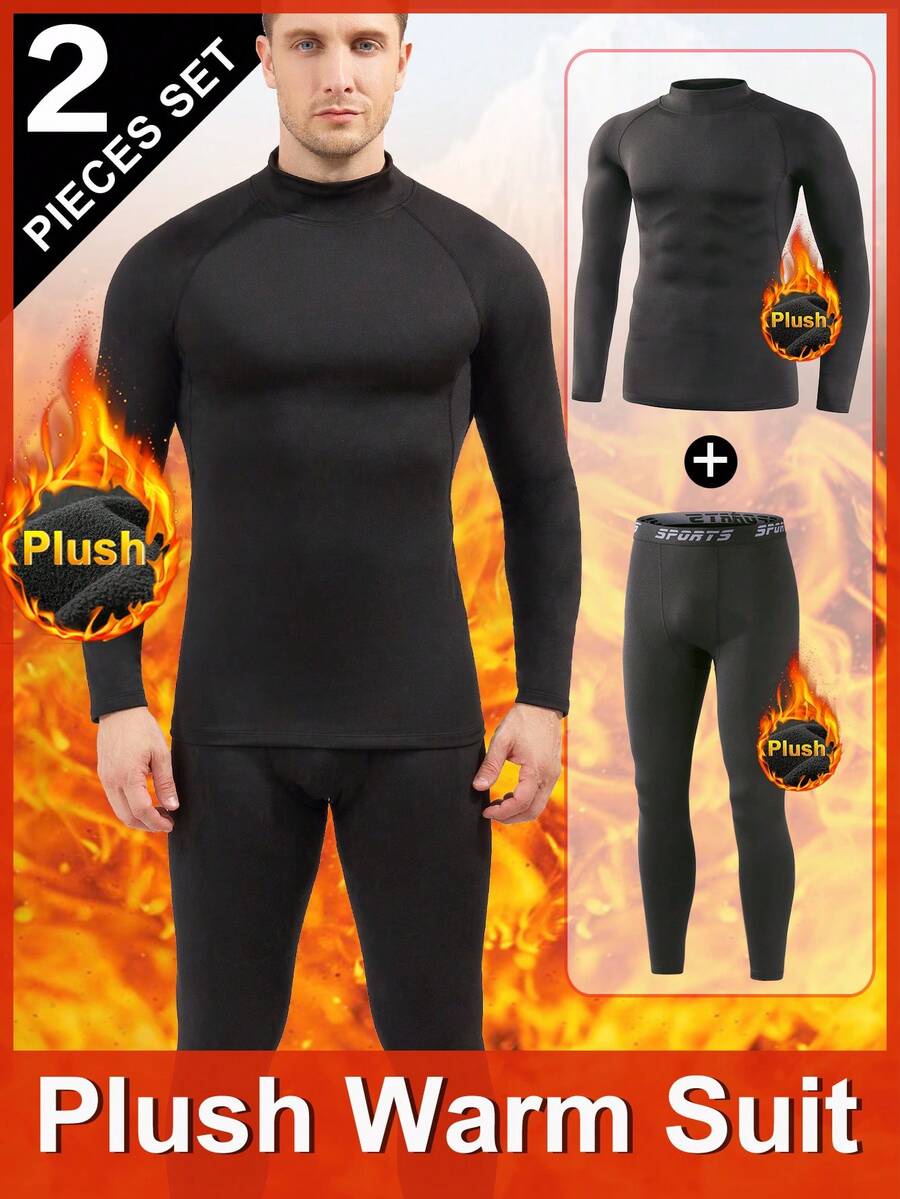 Men's Thermal Underwear Set, Thermal Lined, Thick Warm Base Layer Top And Bottom, Solid Color Long Sleeve Crew Neck Shirt And Pants, Suitable For Cold Weather, Outdoor, Skiing, Warming - Black - View 1