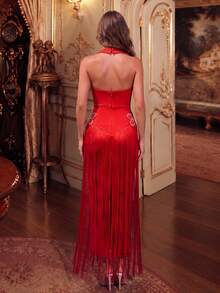 Women's Red Halter Neck Evening Gown, Shiny Floral Decor With Tassel Hem, Sleeveless Formal Dress For Party And Prom - Red - View 5