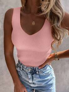Acelitt Women's Solid Color Casual Vacation Sleeveless V-Neck Wool Knit Tank Top, Fashion Backless, Summer Pink - Pink - View 3