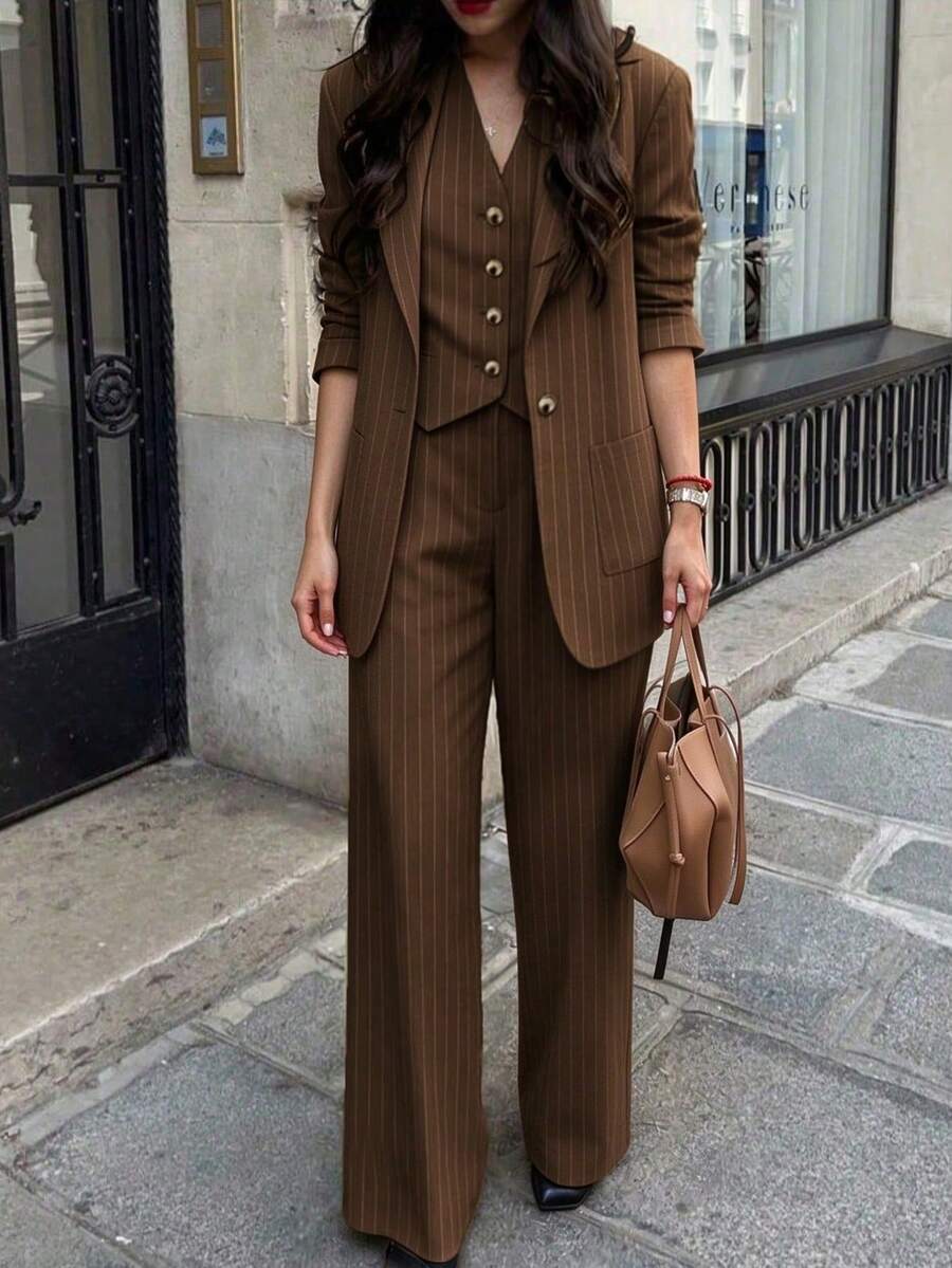 Women's Casual Commuter Striped Jacket, Pants, And Vest 3-Piece Suit Fall