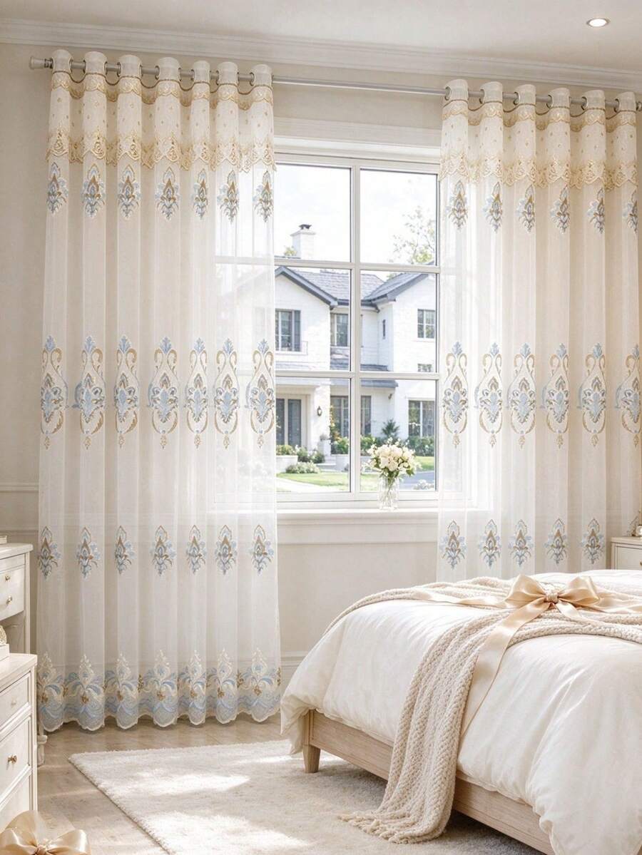 1PC Grommet Top European Style High-End Embroidered Sheer Curtain, Blue And White Wedding Style Vintage Classic Window Sheer For Living Room, Balcony, Bedroom - Multicolor - View 1