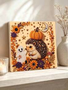 Framed DIY Pearl Painting Kit, Hedgehog & Ghost Pumpkin Fall Bead Art, Harvest Home Wall Decor - A - View 3