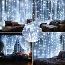 Christmas Ramadan Battery Box LED Waterfall Curtain String Lights Fairy Icicle Waterfall Lights, Available In 3M1M, 3M2M, 3M*3M Multiple Sizes, White Light 3000K, High Brightness LED Beads, Soft Light Not Glaring. AA Battery Box Powered (Batteries Not Included), Free From Outlet Limitations, No Wiring Flexible Placement. Built-In 8 Dynamic Lighting Modes, Flowing, Flashing, Constant On One-Key Switching - Battery-operated Curtain Lights - View 10