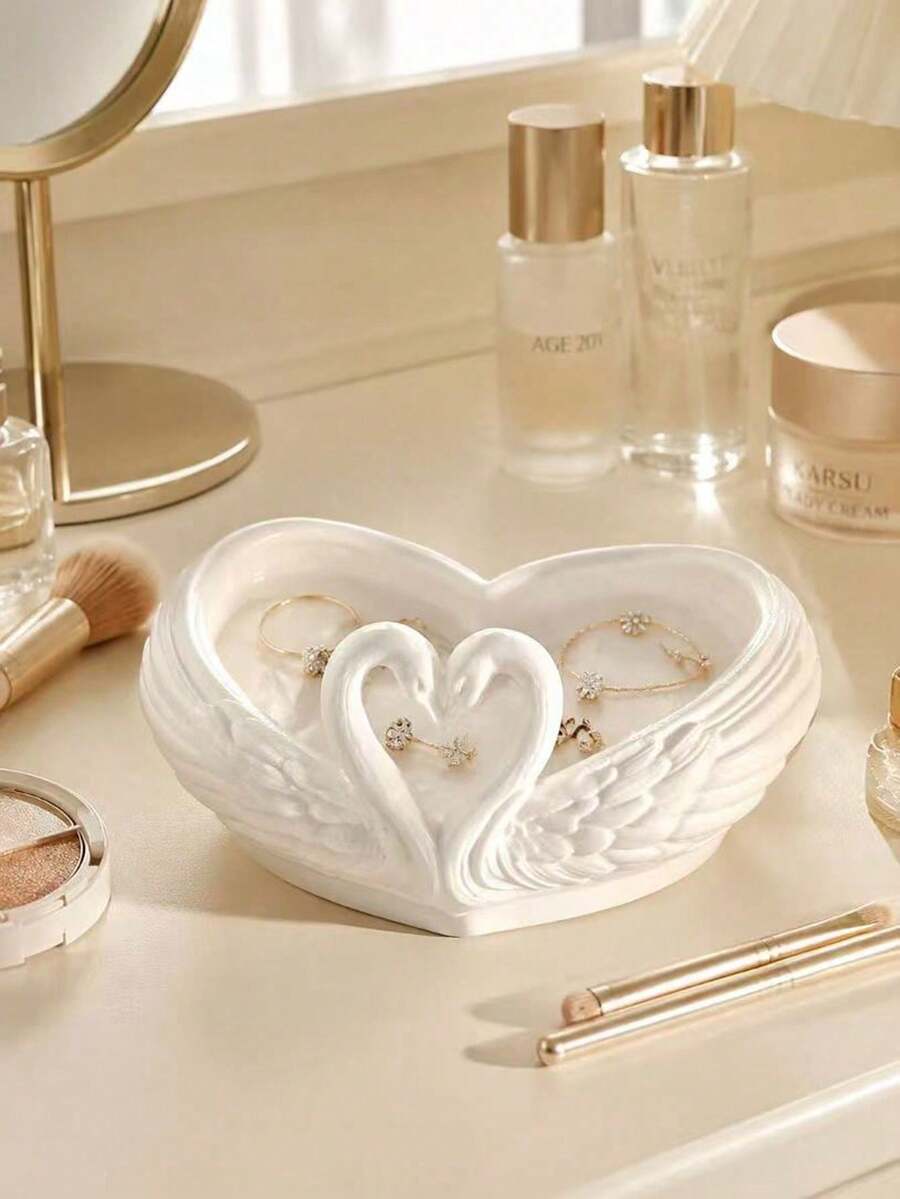 1pc Heart-Shaped Double Swan Jewelry Tray, Embossed Wing Design Jewelry Storage Dish, INS Style Pure White Desktop Organizer, Entryway Key Holder, Vanity Earring Necklace Storage, Romantic Wedding Decor Ornament