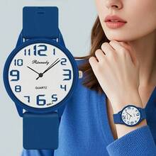 1pc Women's Round Silicone Band Quartz Wristwatch With Digital Scales, Fashionable Elegant Minimalist Sport Watch For Student - Navy Blue - View 1