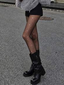1pc Women's Sparkling Rhinestone Sequin Sheer Tights, Snag-Resistant Pantyhose For Spring, Fall, Party, Date Night & Daily Wear - Black - View 5