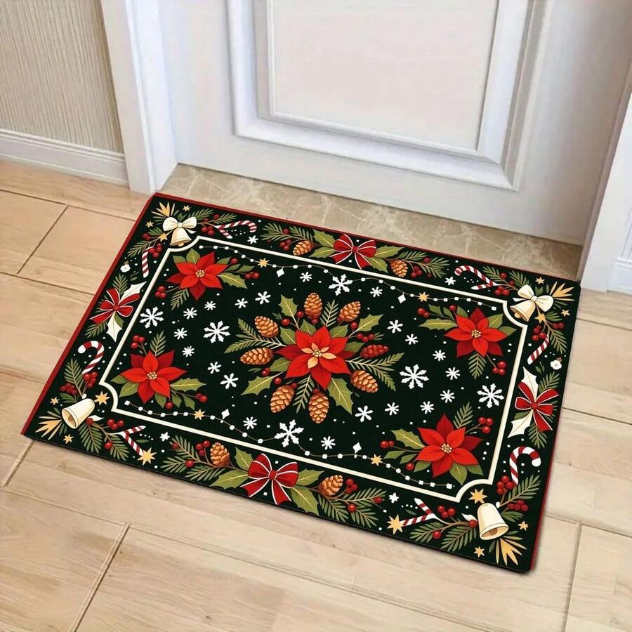1pc New Christmas Best Seller - Daily Decor - Holiday Decor - Christmas - Poinsettia Pine Cone Snowflake Floor Mat, Suitable For Living Room, Bedroom, Indoor - Machine Washable - Flannel Material, Delicate Texture, Comfortable To Skin, No Pilling, Easy Care, Odorless - Perfect For Home Decor, Room Decor, Living Room Rug, Bedroom Rug, Bathroom Rug, Kitchen Rug, Area Rug, Hotel Decor - Area Rug, All Season - Multicolor - View 1