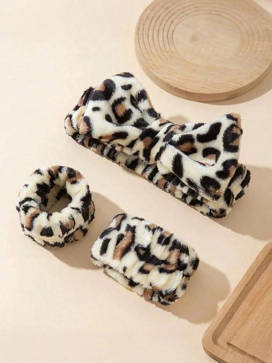 1/3pcs Leopard Print Large Bow Headband Set, Includes Splash-Proof Face Wash Headband, Soft And Washable, Suitable For Face Washing, Yoga And Sports - Multicolor - View 1