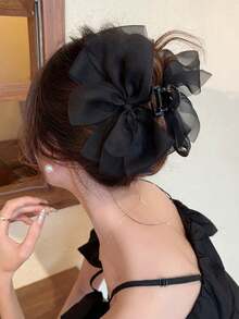 1pc Elegant Solid Color Fashion Exquisite Black Bow Lightweight Mesh Hair Claw, Suitable For Daily Commute Wear - Black - View 2