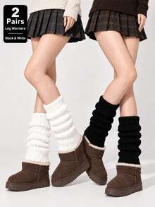 2 Pairs Women's Chunky Ribbed Knit Leg Warmers, Black And White Loose Boot Socks, Comfortable Cuffs, Suitable For Balletcore,Academia,And Street Style - Multicolor - View 11