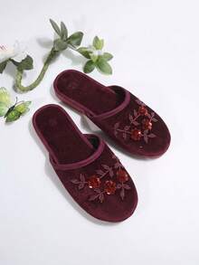 Women Closed Toe Mesh Mules Slippers, 3D Sequin Floral Embroidery Flat Slip On Sandals, Breathable Mesh House & Outdoor Slides - Burgundy - View 5