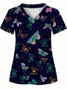 All-Over Print, 2 Pockets, Nurse Uniform, Women's Apparel Professional Wear, Nursing, Dental, Beauty Salon, Short Sleeve Knit Fabric All Season Fall - Multicolor - View 1