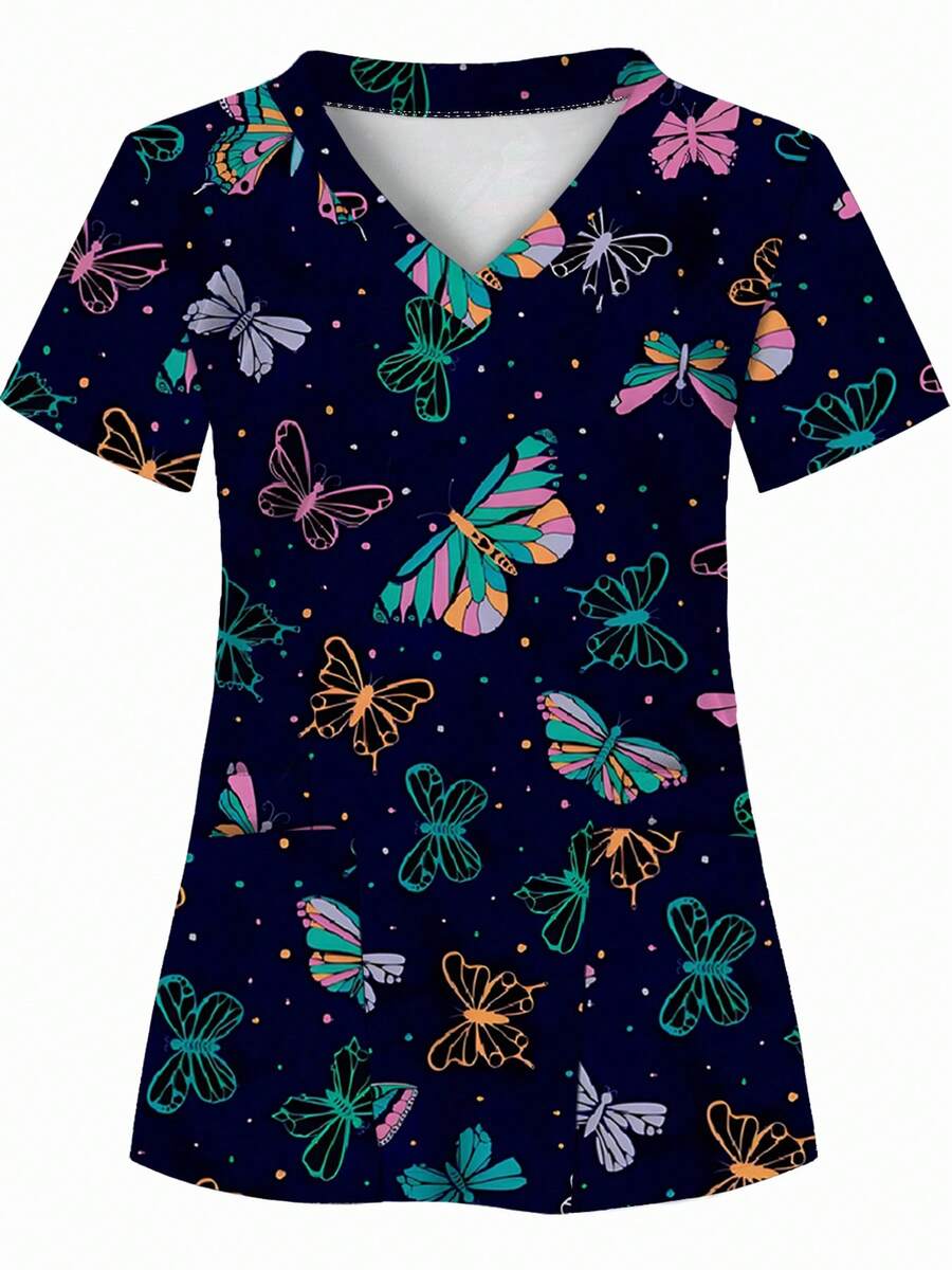 All-Over Print, 2 Pockets, Nurse Uniform, Women's Apparel Professional Wear, Nursing, Dental, Beauty Salon, Short Sleeve Knit Fabric All Season Fall - Multicolor - View 1