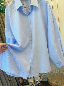 Women's Striped Loose Long Sleeve Shirt, Casual Button-Up Top, Woven Fabric, Plus Size Fashion - Blue and White Stripes - View 5