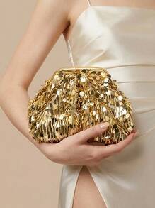 Amorya Women's Shiny Gold Sequin Clutch Bag, Tassel Decorated Evening Bag, Mini Chain Shoulder Bag Suitable For Wedding, Party, Gala - Gold - View 1