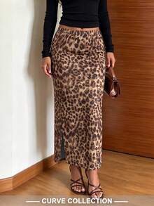 Plus Size Women's Leopard Print Casual Skirt, Spring - Mocha Brown - View 6